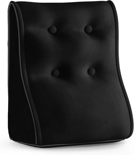 Schwarzes Samt-Lendenkissen mit vier gesteppten Knöpfen für ergonomische Rückenunterstützung.