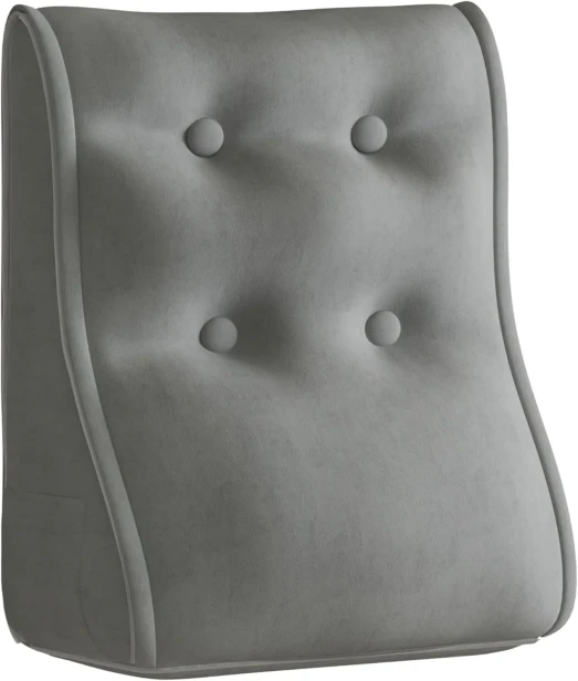 Graues Samt-Lendenkissen mit vier gesteppten Knöpfen für ergonomische Rückenunterstützung.