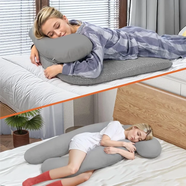 Die Fotos zeigen eine Frau, die auf dem weißen Orthopädischen Kissen mit Schulterkanal (für Seitenschläfer) schläft.