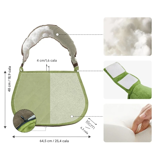 Infografik mit Maßen und Details einer großen, gesteppten, doppelseitigen Schultertasche in Grün (48x64,5 cm).