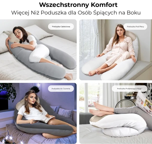Eine Collage aus vier Fotos, die die vielseitigen Einsatzmöglichkeiten eines großen Luxus-Schwangerschaftskissens demonstriert.