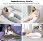 Eine Collage aus vier Fotos, die die vielseitigen Einsatzmöglichkeiten eines großen Luxus-Schwangerschaftskissens demonstriert.