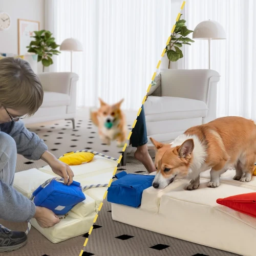 Das Foto zeigt die Vielseitigkeit eines modularen Hundebetts, das sich perfekt für ein modernes Wohnzimmer eignet.