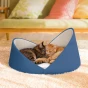 Zwei Katzen, eine getigerte und eine rote, schlafen zusammen in einem weichen blauen Katzenbett mit erhöhtem Muschelrand.