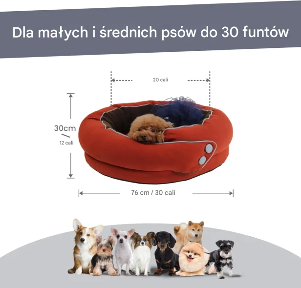 Infografik mit einem rost-/terrakottafarbenen Hundebett für kleine und mittelgroße Hunde.