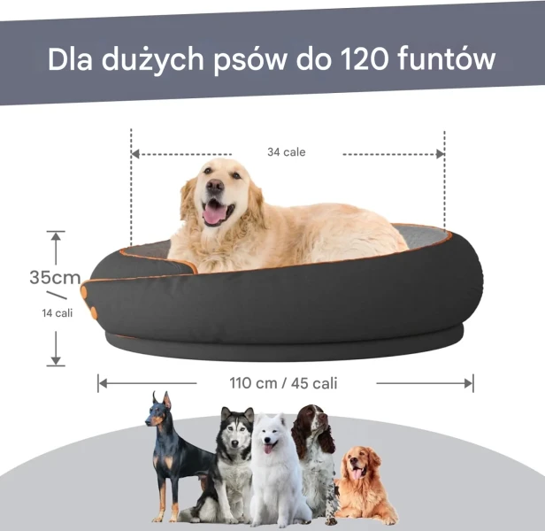 Infografik zur Veranschaulichung der großzügigen Abmessungen des Hundebetts. Ideal für große Hunde bis zu 54 kg.