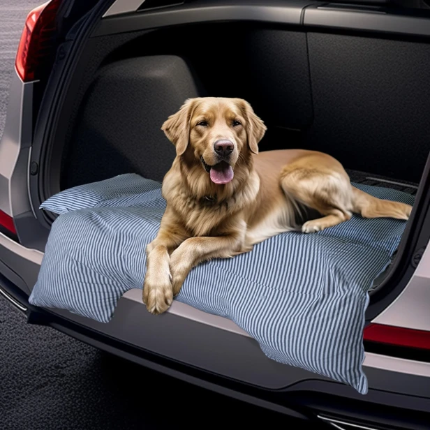 Ein großer Hund liegt bequem auf einer blau-weiß gestreiften Matte/einem Hundebett im offenen Kofferraum eines Geländewagens.