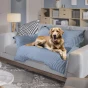 Der Hund liegt auf einem grauen Sofa, das mit einer blau-weiß gestreiften, wasserdichten Hundedecke/einem Hundebett abgedeckt ist, um die Möbel vor Haaren und Schmutz zu schützen.