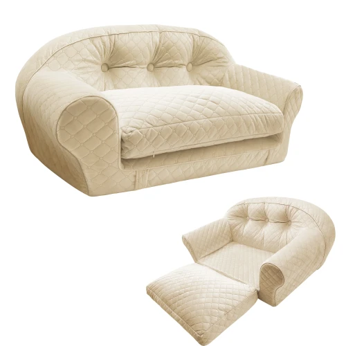 Luxuriöses beiges Hundesofa. Multifunktionales, gestepptes 2-in-1-Bett mit Liegefunktion.