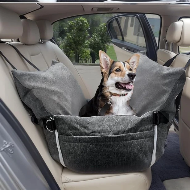 Ein Cardigan oder Pembroke Welsh Corgi sitzt in einem speziellen, weichen Hundeautositz auf dem Rücksitz des Autos.