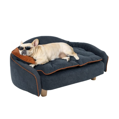 Dieses Designer-Schlafsofa in Graphitgrau besticht durch seinen erhöhten Rahmen und das bequeme Kissen. Ideal für eine Französische Bulldogge. Solide Konstruktion, Eleganz und Komfort.