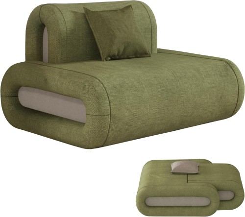 Eine moderne, modulare Chaiselongue, ein Sofa und ein Loungesessel in Olivgrün mit abgerundeten Kanten, beigefarbenen Akzenten und einem kleinen Zierkissen. In der unteren rechten Ecke ist das Sofa zum Schlafen ausgeklappt zu sehen.