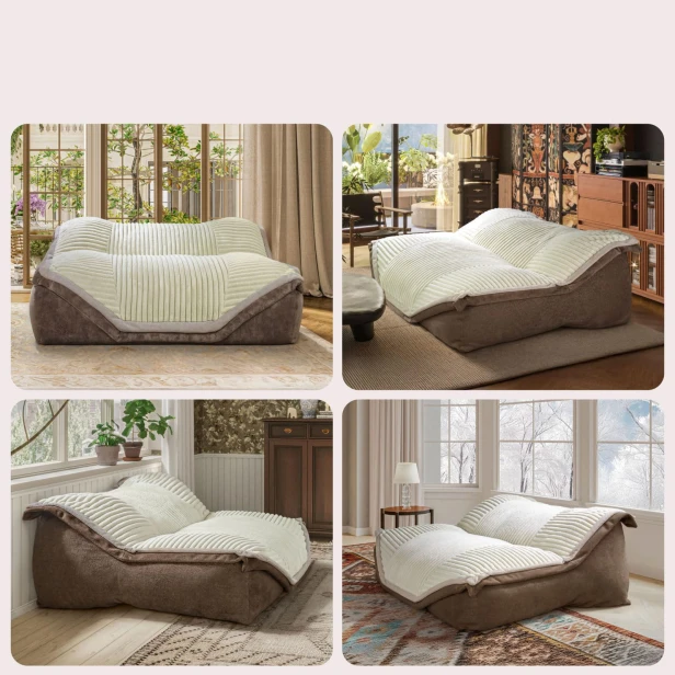 4 Fotos, die das große modulare Lounge-Sofa in verschiedenen Interieur-Arrangements und Stilen zeigen.