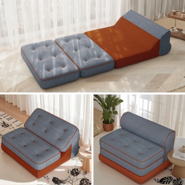 Eine Serie von 3 Fotos, die ein vielseitiges modulares Sofa in Grau- und Orangetönen zeigen.