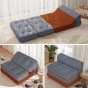 Eine Serie von 3 Fotos, die ein vielseitiges modulares Sofa in Grau- und Orangetönen zeigen.