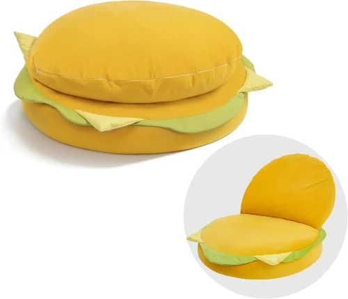 Ein großer, weicher, hamburgerförmiger Pouf! Ein originelles, ausziehbares Bodenkissen in Gelb und Grün.