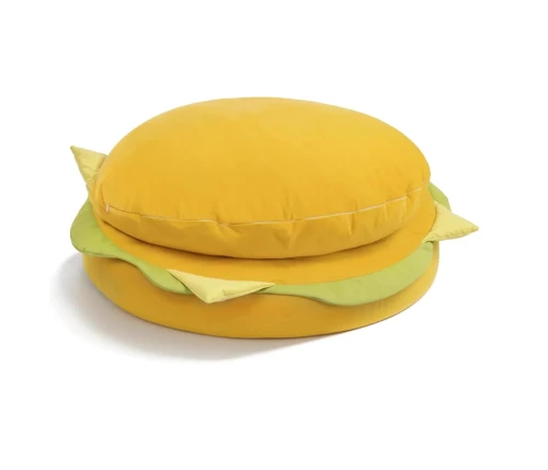 Ein großer, weicher Pouf in Hamburgerform! Dieses einzigartige Bodenkissen ist in Gelb und Grün erhältlich. Perfekt fürs Jugendzimmer.