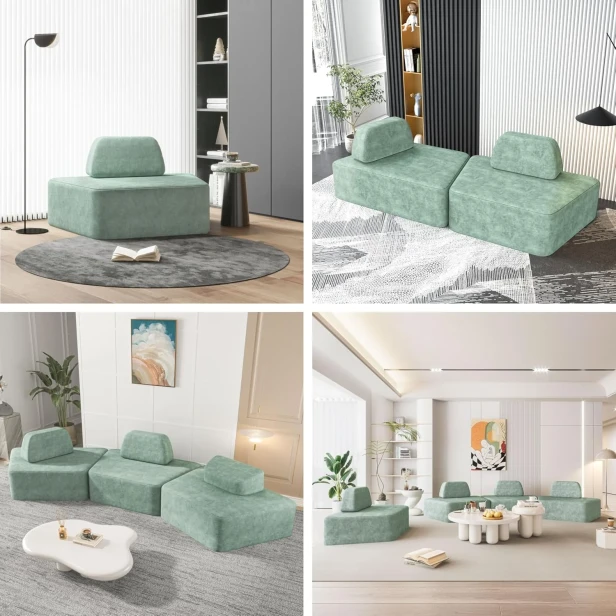 Eine Collage, die verschiedene Konfigurationen und Interieurs unter Verwendung der Elemente des halbkreisförmigen modularen Ecksofas präsentiert.