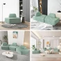 Eine Collage, die verschiedene Konfigurationen und Interieurs unter Verwendung der Elemente des halbkreisförmigen modularen Ecksofas präsentiert.