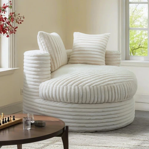 Runde Chaiselongue, Sofa, Sessel, Beige. Wohnzimmergestaltung.