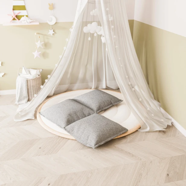 Set aus 4 grauen Modulkissen, Anordnung in einem Kinderzimmer.