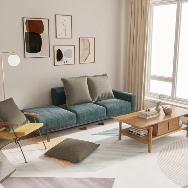 Set aus 4 grauen Modulkissen, arrangiert im Wohnzimmer auf dem Sofa.