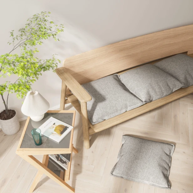 Set aus 4 grauen Modulkissen, arrangiert im Wohnzimmer auf einem Sofa.