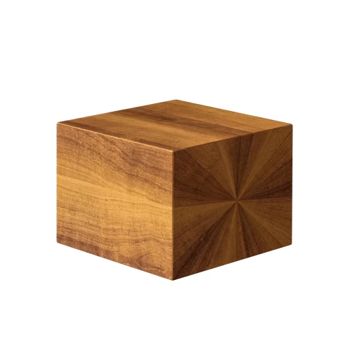 Moderner Fußhocker, Pouf. Minimalistisches Würfeldesign, weich gepolsterter Sitz. Gelbe Holzmaserung.