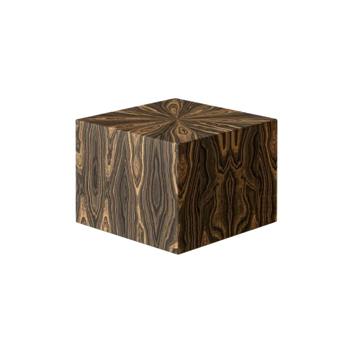 Moderner Fußhocker, Pouf. Minimalistisches Würfeldesign, weich gepolsterter Sitz. Dunkle Holzmaserung.