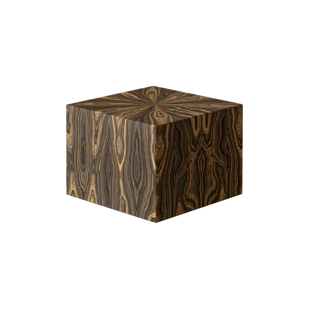 Moderner Fußhocker, Pouf. Minimalistisches Würfeldesign, weich gepolsterter Sitz. Dunkle Holzmaserung.