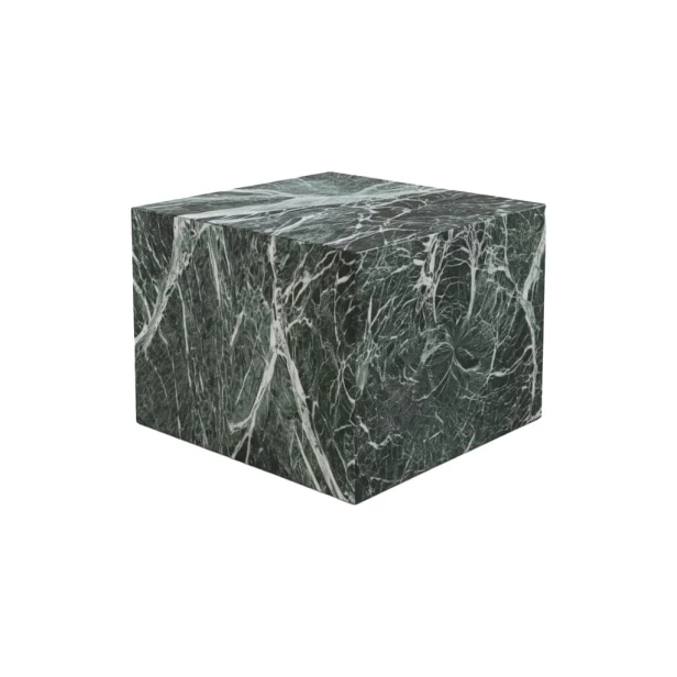 Moderner Fußhocker/Pouf. Minimalistisches Würfeldesign, weich gepolsterter Sitz. Dunkelgrünes Marmormuster.