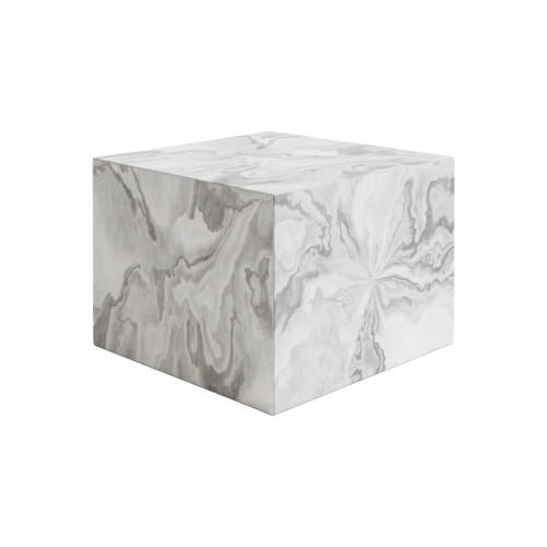 Moderner Hocker/Pouf. Minimalistisches Würfeldesign, weich gepolsterter Sitz. Weißes Marmormuster.