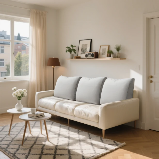 3 multifunktionale graue Sofakissen, arrangiert auf dem Sofa im Wohnzimmer.