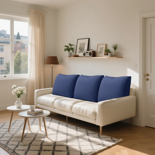 3 multifunktionale marineblaue Sofakissen, Anordnung im Wohnzimmer auf dem Sofa.
