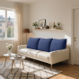 3 multifunktionale marineblaue Sofakissen, Anordnung im Wohnzimmer auf dem Sofa.