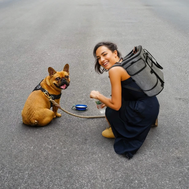 Frau mit Haustier-Reisetasche auf dem Rücken und Hund.
