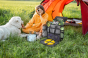 Frau mit Hund im Gras, Haustier-Reisetasche