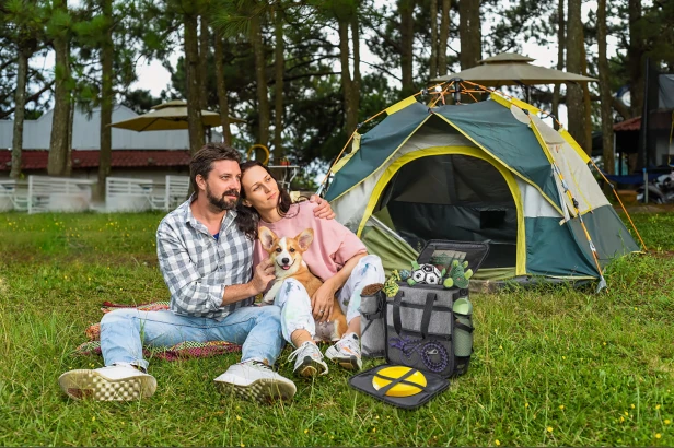 Familie mit Hund beim Picknick, Reisetasche für Haustiere