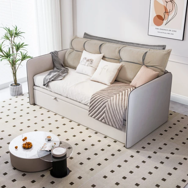 Beige-graues Kopfstützenkissen mit Stauraum, zur Platzierung im Wohnzimmer auf dem Sofa.