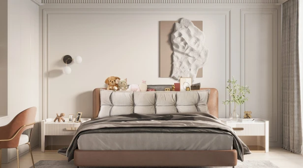 Beige-graues Kopfstützkissen mit Stauraum, Schlafzimmer-Arrangement auf dem Bett.