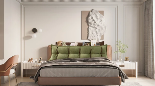 Grünes und oranges Kopfstützkissen mit Stauraum, Schlafzimmer-Arrangement auf dem Bett.