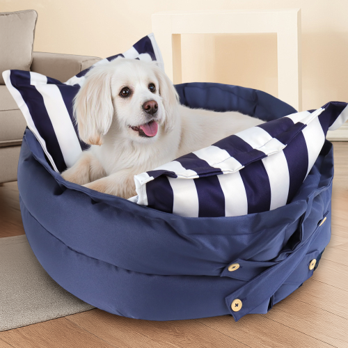 2-in-1 Haustiermatte und -bett, mit einem Hund darin im Wohnzimmer.