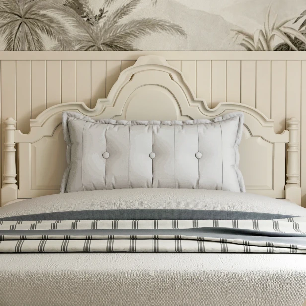 Rechteckiges Rückenstützkissen – Beige Baumwolle. Zur Platzierung auf einem Bett im Schlafzimmer.