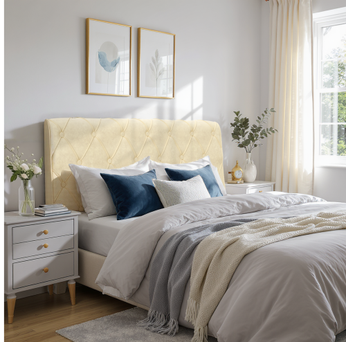 Mit Diamantknöpfen verziertes Kopfteil, arrangiert im Schlafzimmer auf dem Bett.