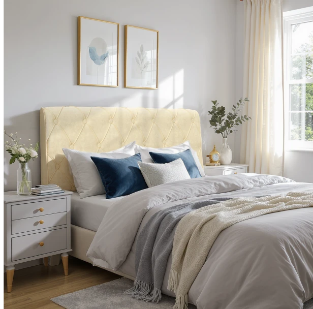 Mit Diamantknöpfen verziertes Kopfteil, arrangiert im Schlafzimmer auf dem Bett.