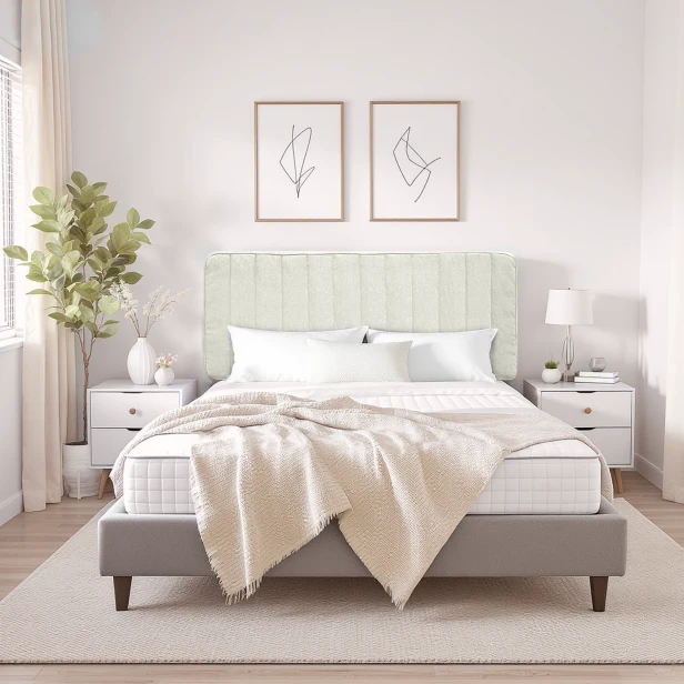 Beige gepolstertes Kopfteil, Schlafzimmeranordnung auf dem Bett.