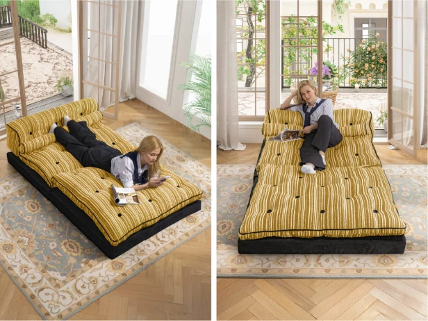 Frau sitzt auf einem funktionalen Lounge-Sofa im Schlafzimmer.