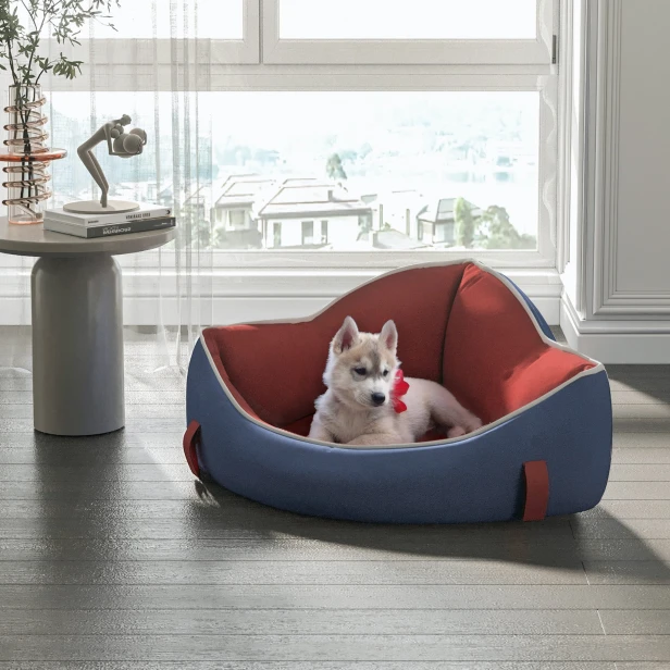 Ein Hund liegt in einem Eck-Hundebett