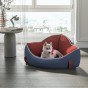 Ein Hund liegt in einem Eck-Hundebett