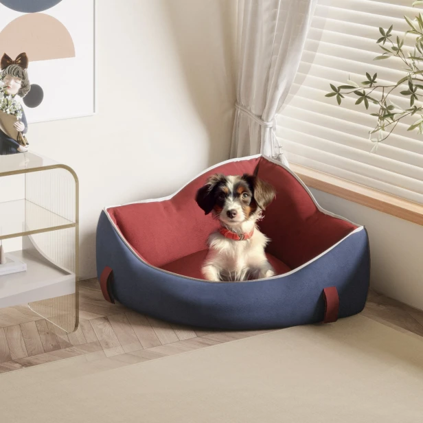 Ein Hund liegt in einem Eck-Hundebett